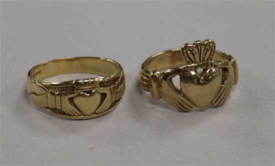 Two 9ct yellow gold Claddagh rings, 13.5g.